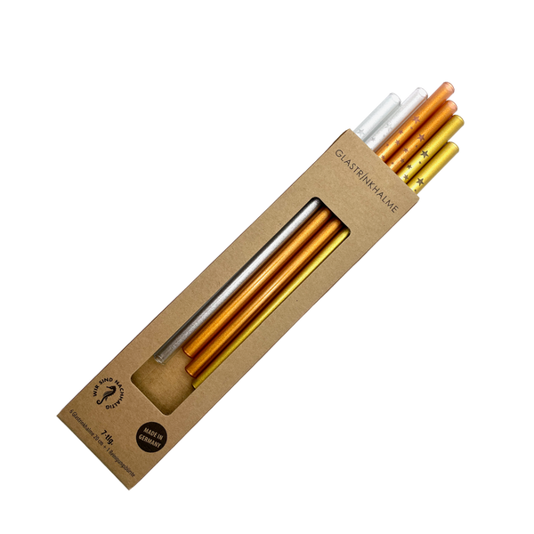 6 farblich sortierte (Silber, Gold, Kupfer) Glastrinkhalme mit Gravur (20 cm) "Sterne gerade" + Reinigungsbürste