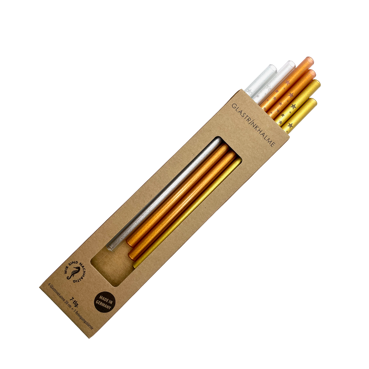 6 farblich sortierte (Silber, Gold, Kupfer) Glastrinkhalme mit Gravur (20 cm)