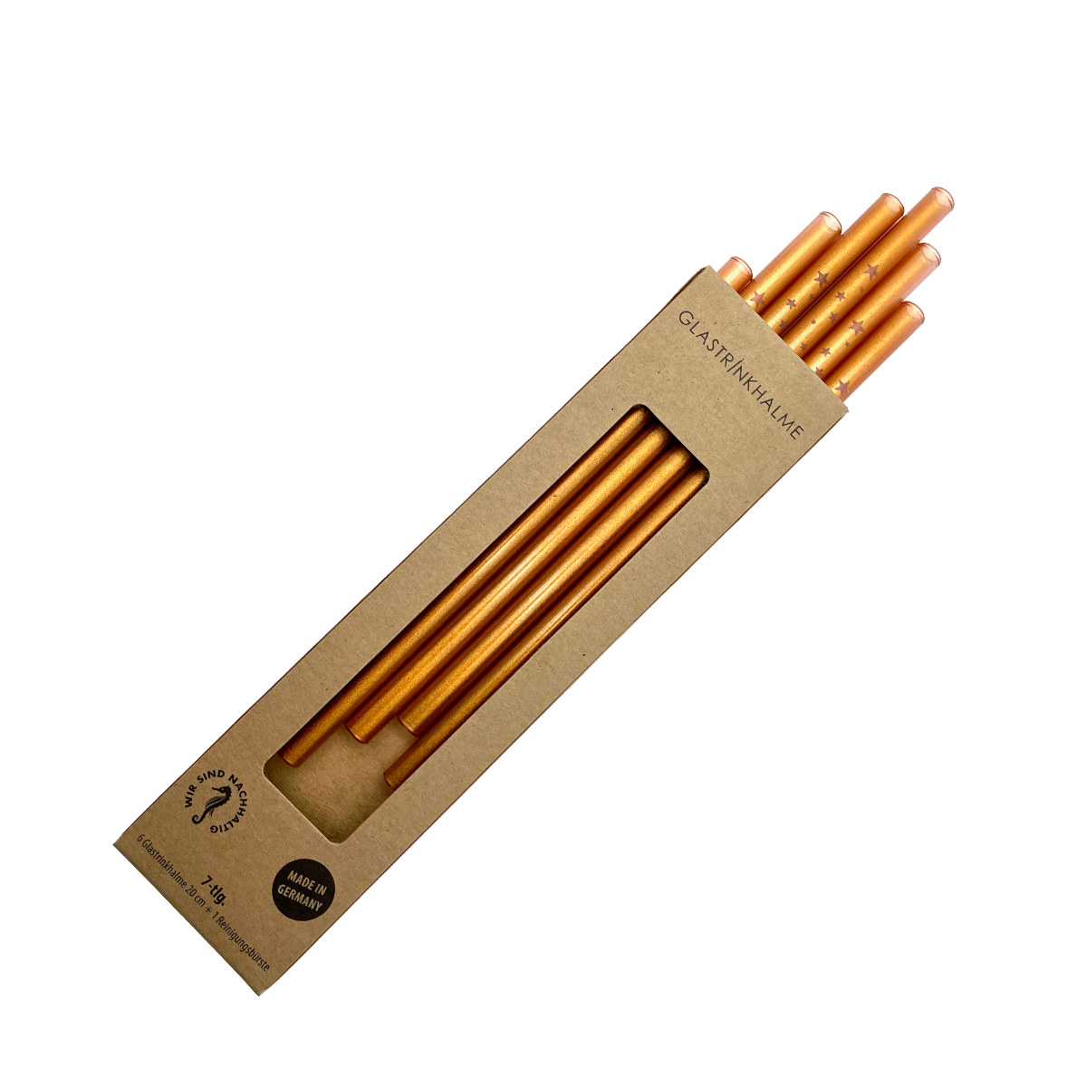 6 Kupfer farbige Glastrinkhalme mit Gravur (20 cm)