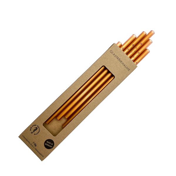 6 Kupfer farbige Glastrinkhalme mit Gravur (20 cm) "Sterne versetzt" + Reinigungsbürste