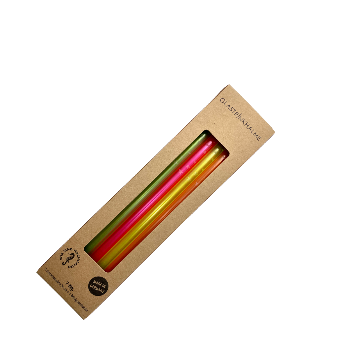 6 farblich sortierte (Neon, Klar) Glastrinkhalme