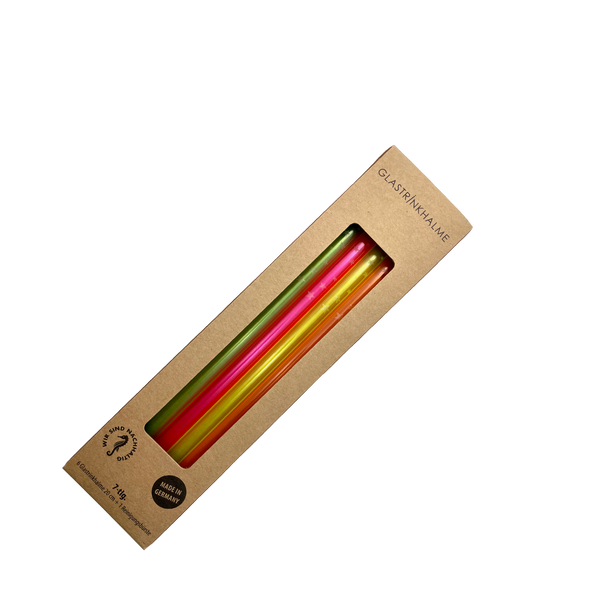 6 farblich sortierte (Neon, Klar) Glastrinkhalme "Neon-Weihnachten" mit Gravur (20 cm) "Sterne versetzt" + Reinigungsbürste
