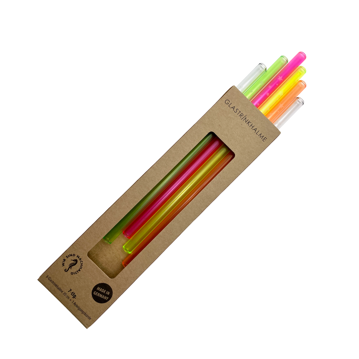 6 farblich sortierte (Neon, Klar) Glastrinkhalme