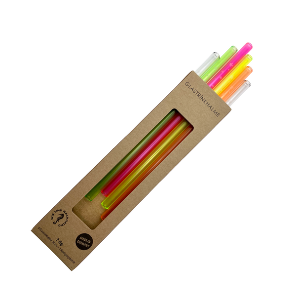 6 farblich sortierte (Neon, Klar) Glastrinkhalme "Neon-Weihnachten" mit Gravur (20 cm) "Sterne gerade" + Reinigungsbürste