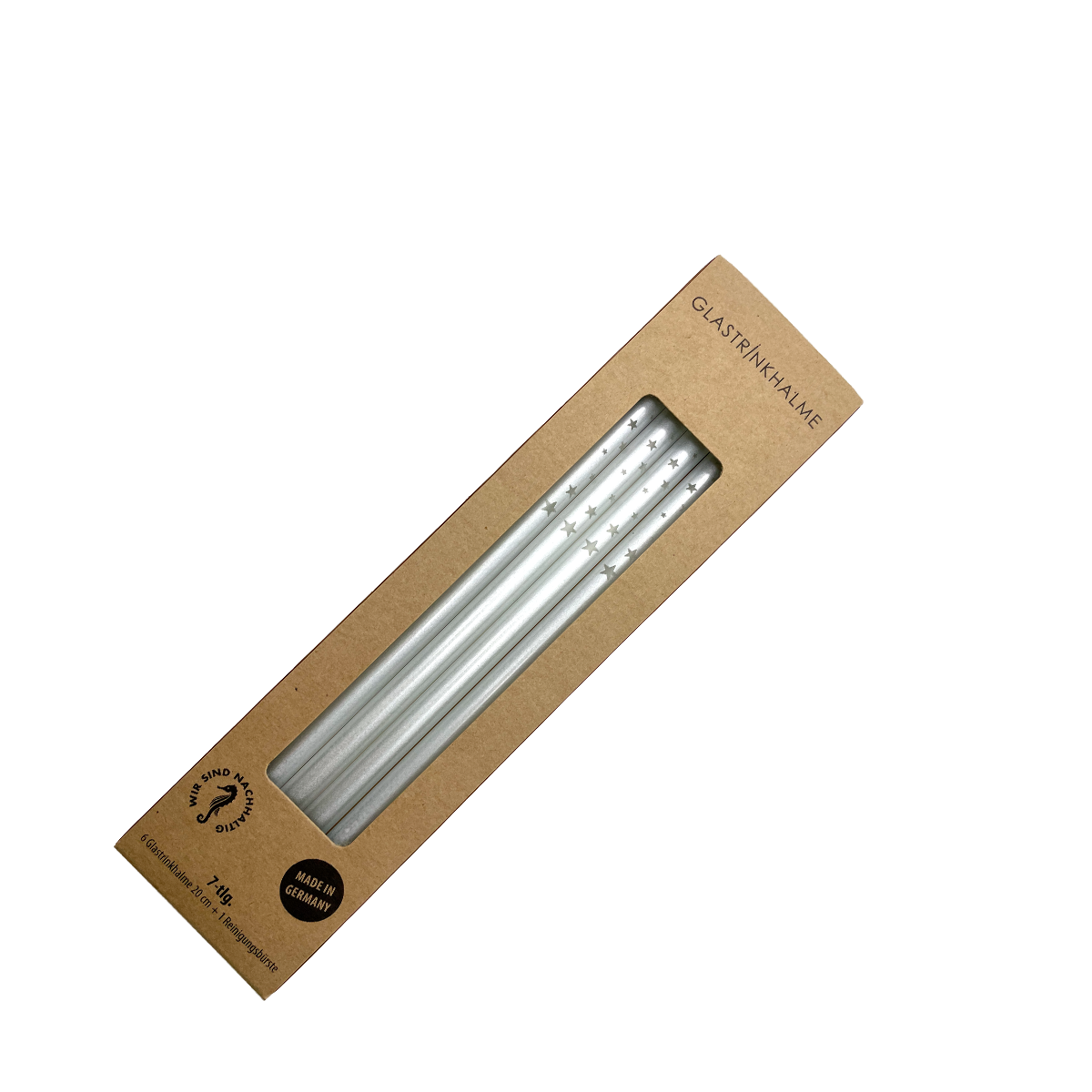 6 Perlmutt farbige Glastrinkhalme mit Gravur (20 cm)