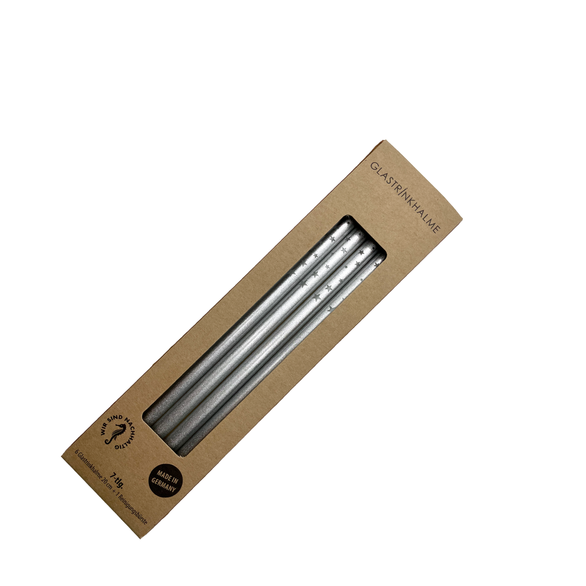 6 silberne Glastrinkhalme mit Gravur (20 cm)