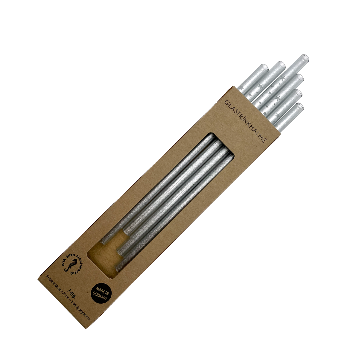 6 silberne Glastrinkhalme mit Gravur (20 cm)