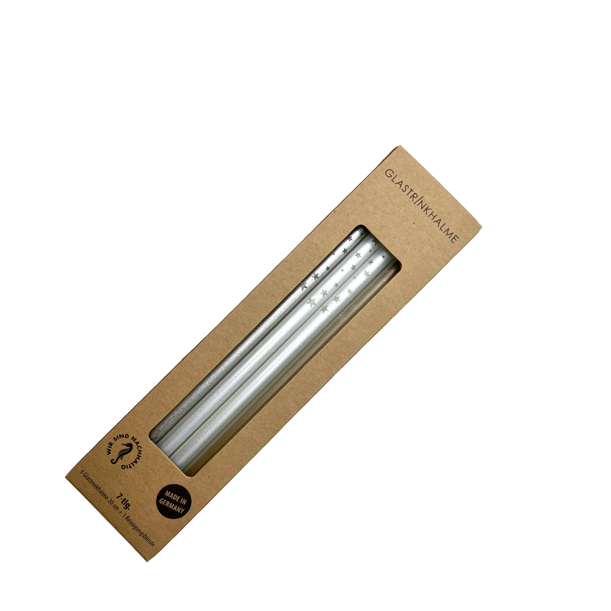 6 farblich sortierte (Silber, Weiß-Satiniert, Perlmutt) Glastrinkhalme