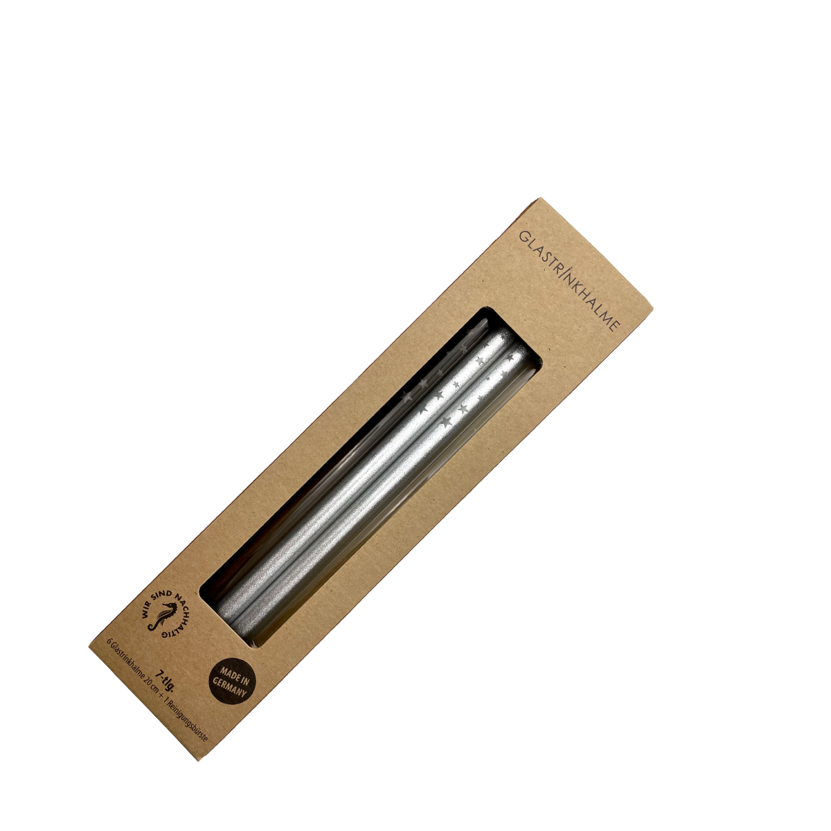 6 farblich sortierte (Grau, Klar, Silber) Glastrinkhalme