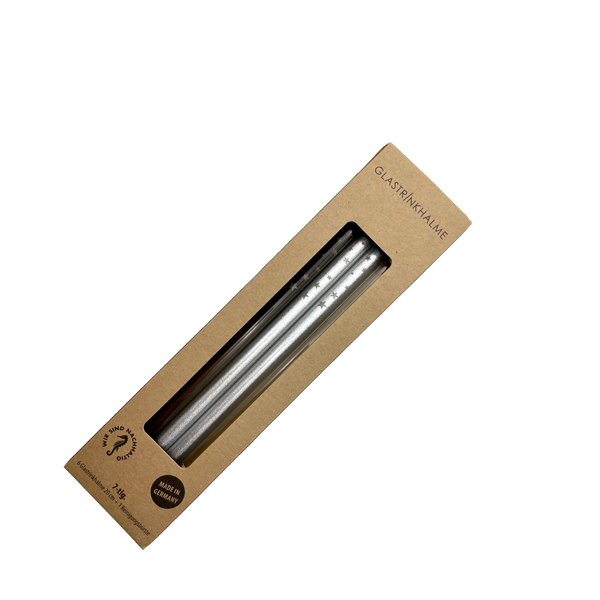 6 farblich sortierte (Grau, Klar, Silber) Glastrinkhalme "Silbermix" mit Gravur (20 cm) "Sterne gerade" + Reinigungsbürste