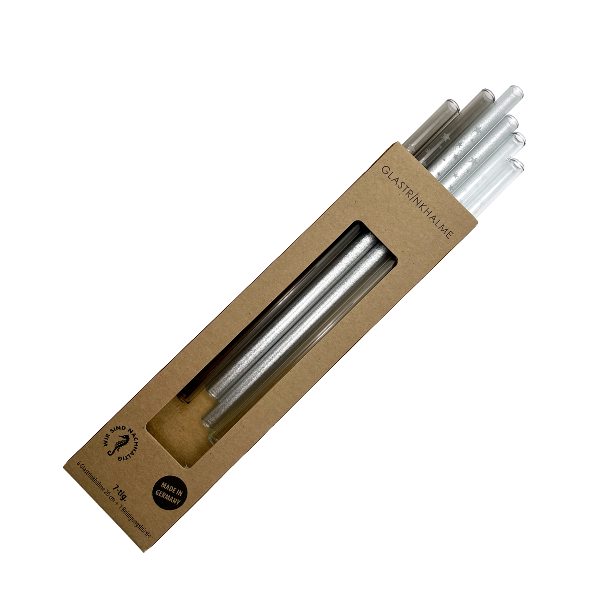 6 farblich sortierte (Grau, Klar, Silber) Glastrinkhalme