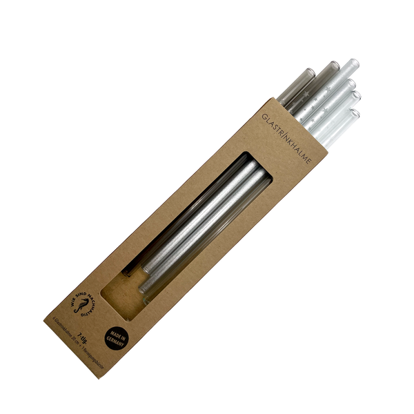 6 farblich sortierte (Grau, Klar, Silber) Glastrinkhalme "Silbermix" mit Gravur (20 cm) "Sterne gerade" + Reinigungsbürste