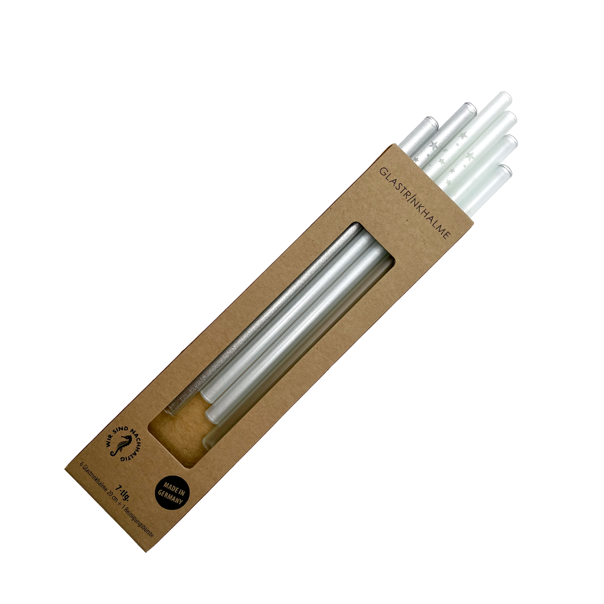 6 farblich sortierte (Silber, Weiß-Satiniert, Perlmutt) Glastrinkhalme