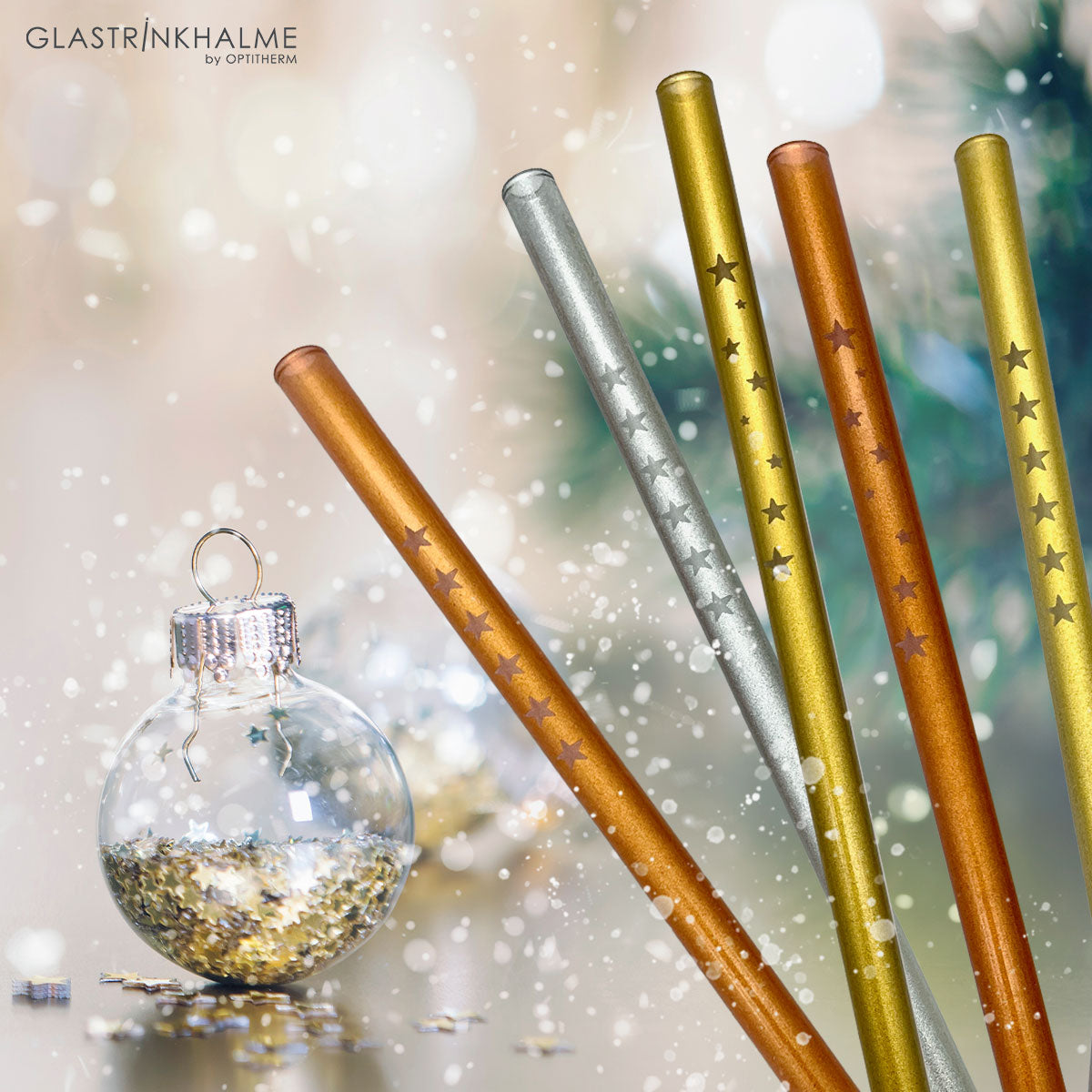6 weiß-satinierte Glastrinkhalme mit Gravur (20 cm)