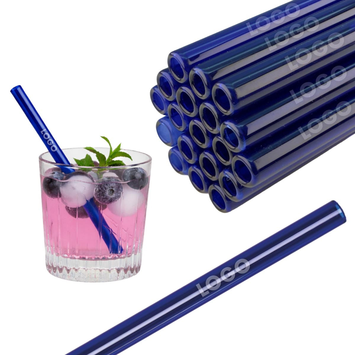 50 kobaltblaue Glastrinkhalme „Kleiner Pimpf“ (15 cm) + Reinigungsbürste