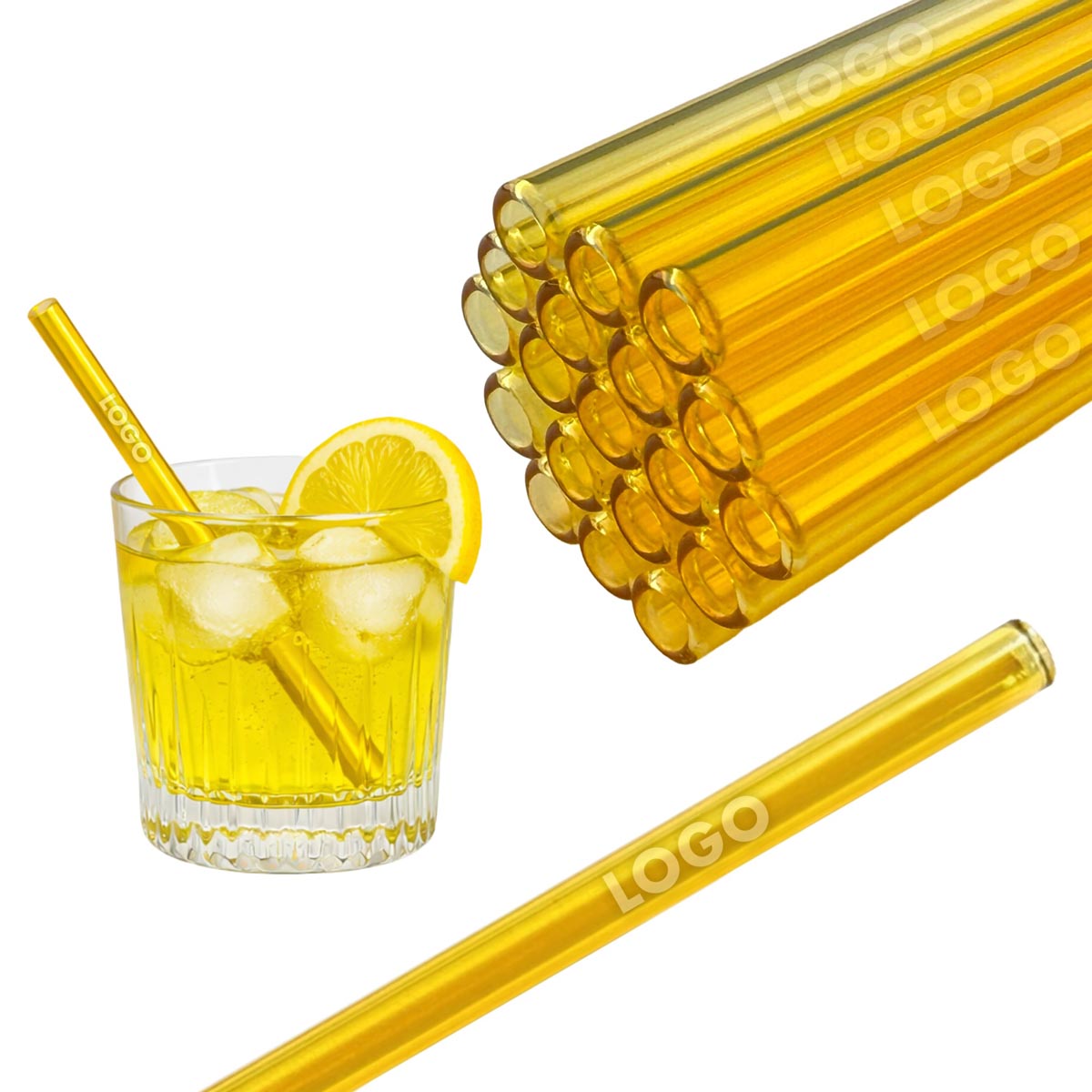 50 gelbe Glastrinkhalme „Kleiner Pimpf“ (15 cm) + Reinigungsbürste