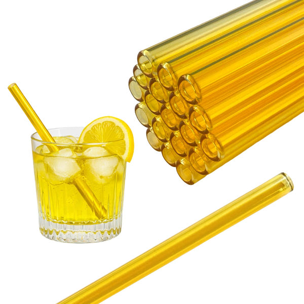 50 gelbe Glastrinkhalme „Kleiner Pimpf“ (15 cm) + Reinigungsbürste