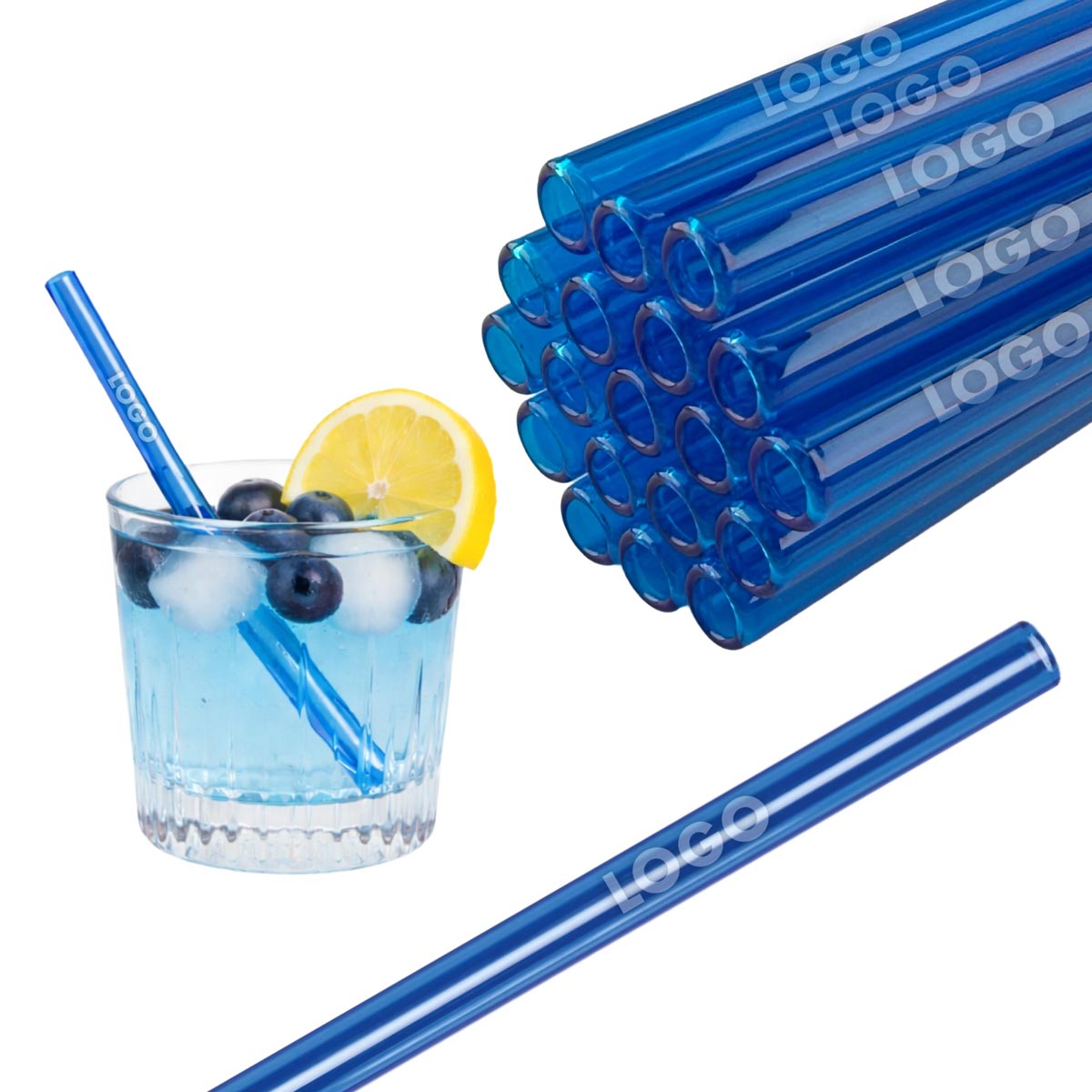 50 Glastrinkhalme in Blau (15 cm) + Reinigungsbürste ohne oder mit Gravur
