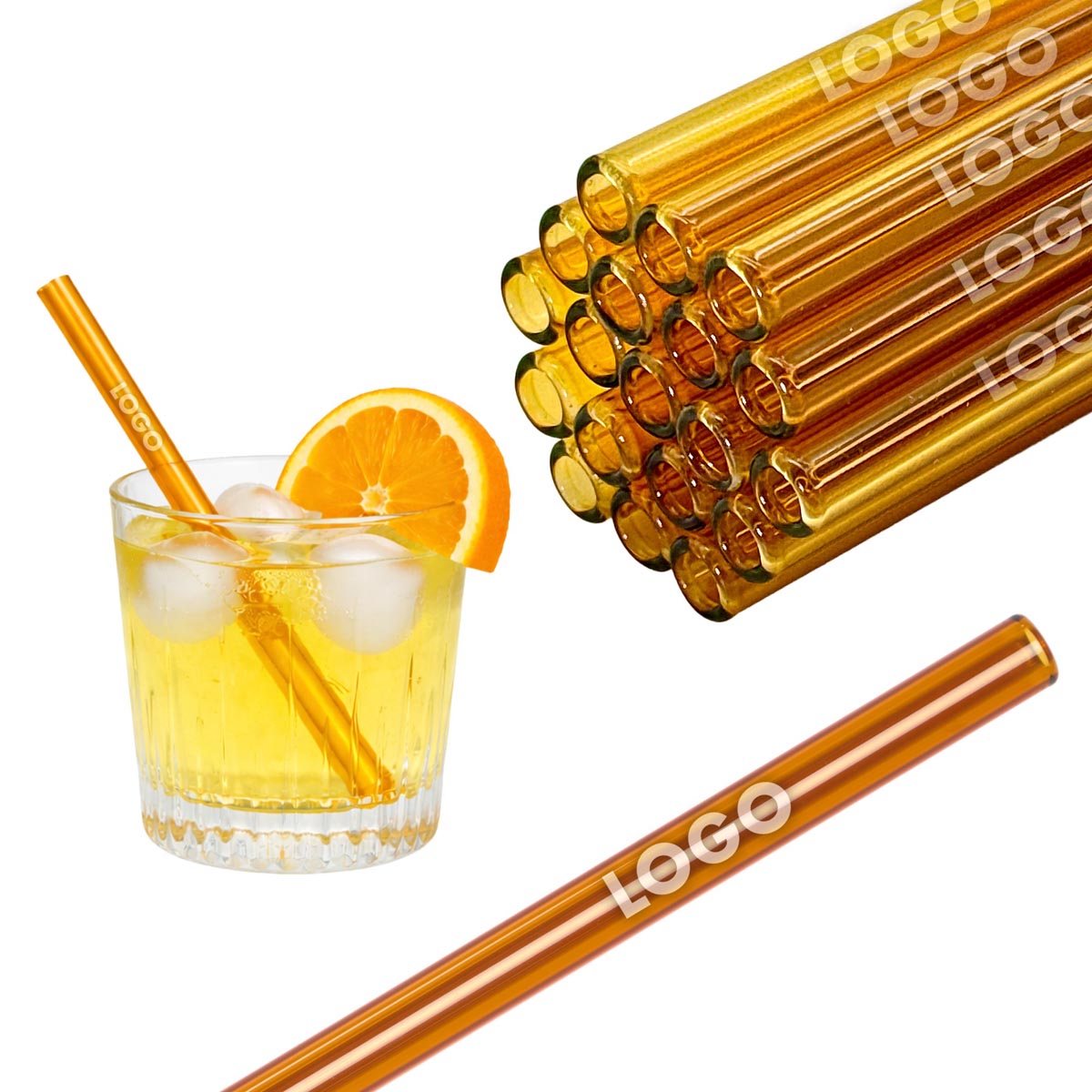 50 Glastrinkhalme in Amber (15 cm) + Reinigungsbürste ohne oder mit Gravur