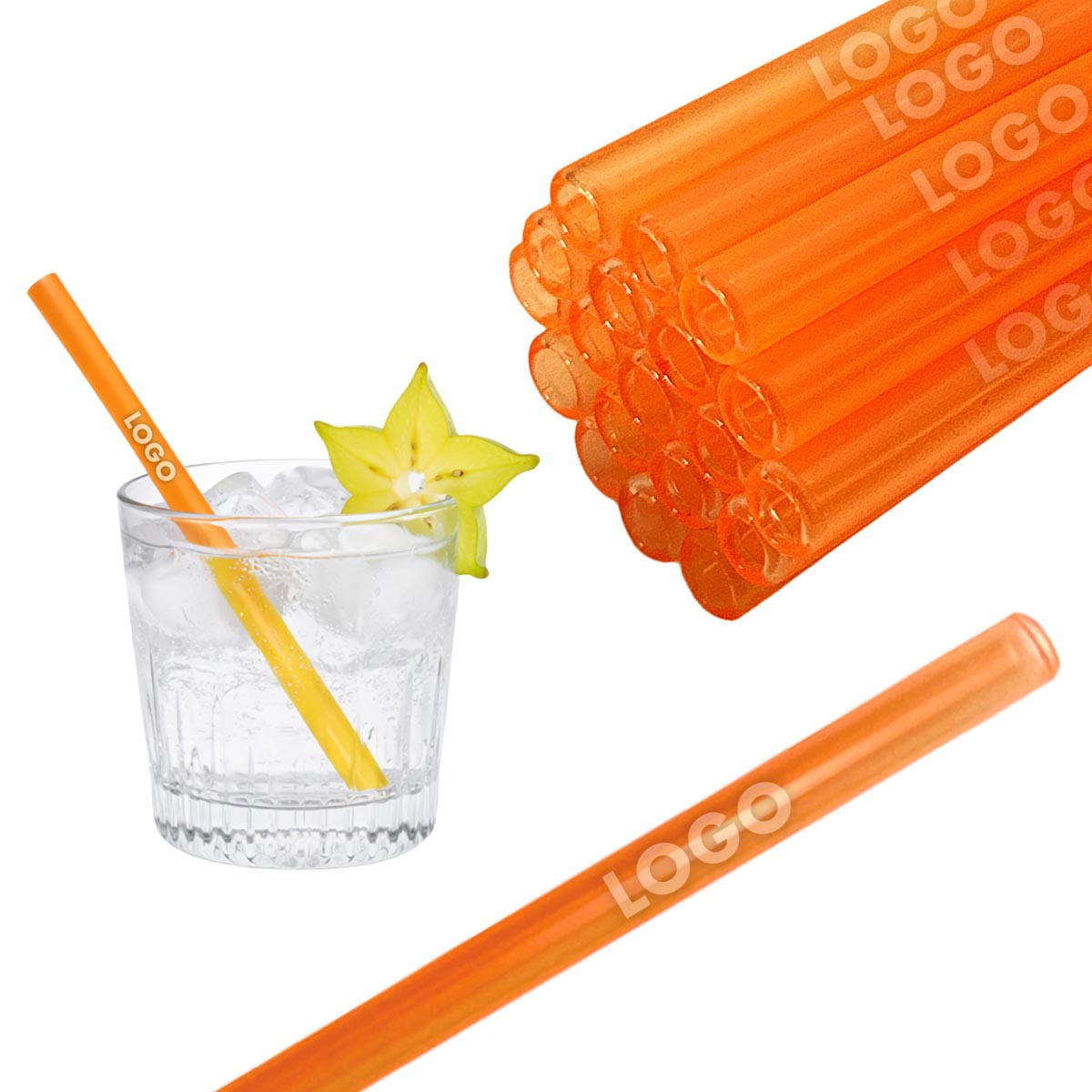 50 Glastrinkhalme in Neonorange (15 cm) + Reinigungsbürste ohne oder mit Gravur