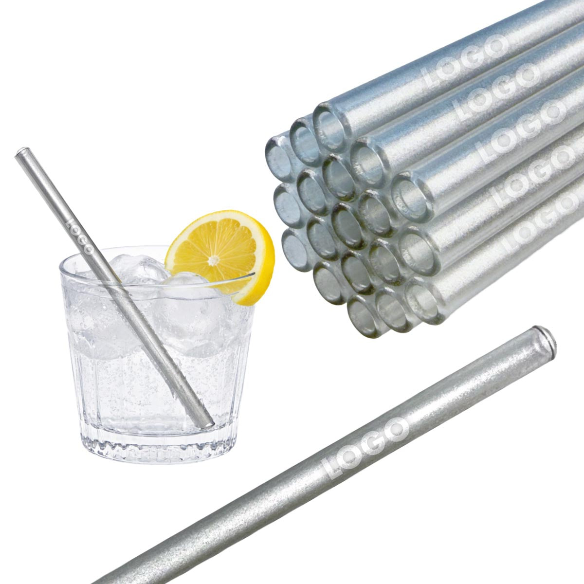 50 Glastrinkhalme in Silber (15 cm) + Reinigungsbürste ohne oder mit Gravur