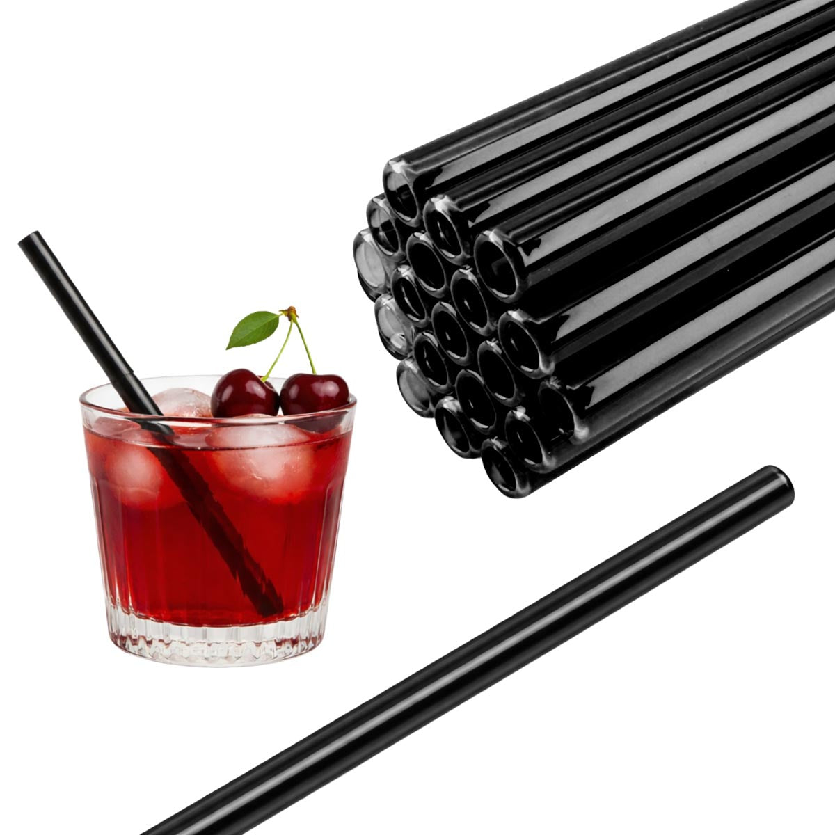 50 Glastrinkhalme in Schwarz transparent (15 cm) + Reinigungsbürste ohne oder mit Gravur