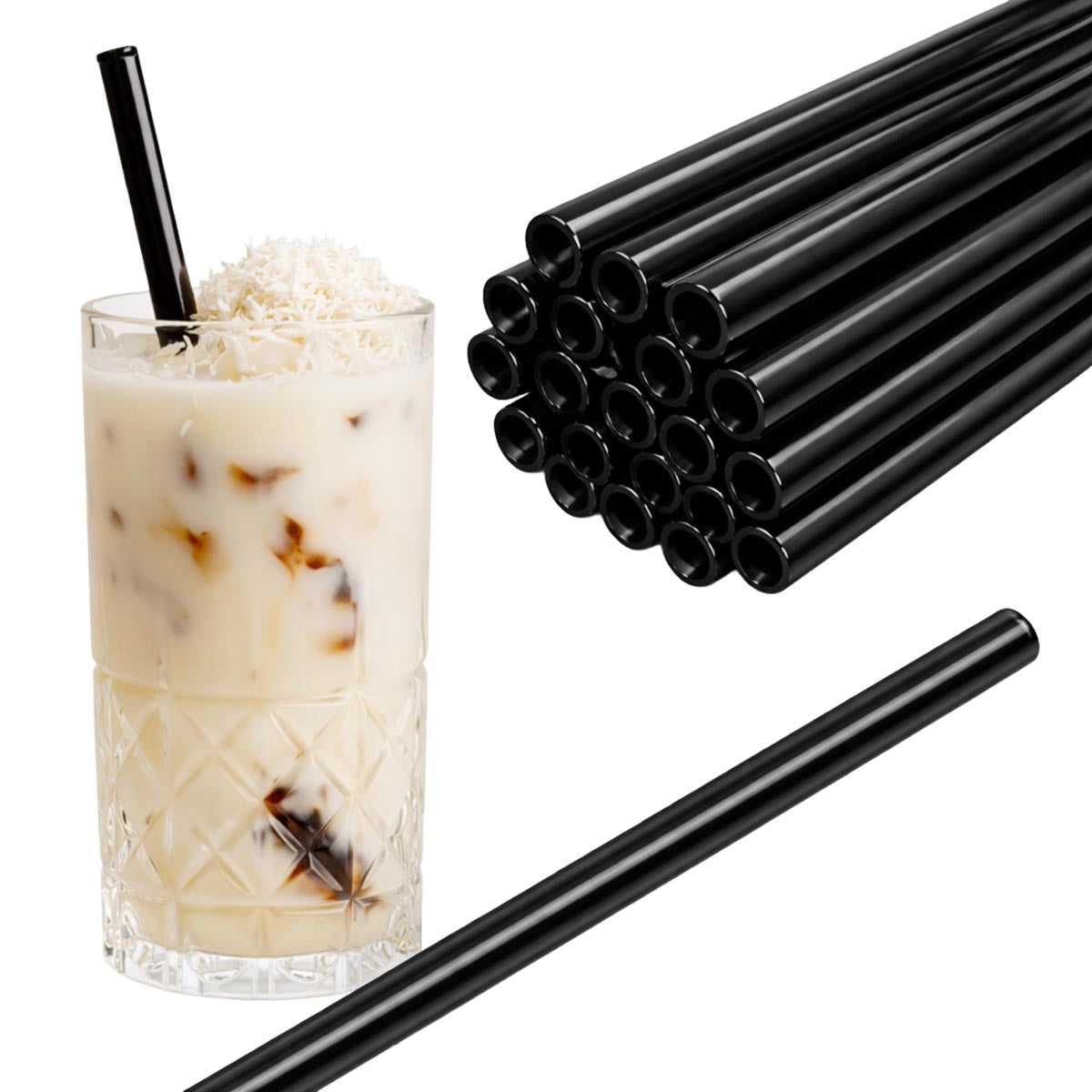 50 Glastrinkhalme in Schwarz (23 cm) + Reinigungsbürste ohne oder mit Gravur
