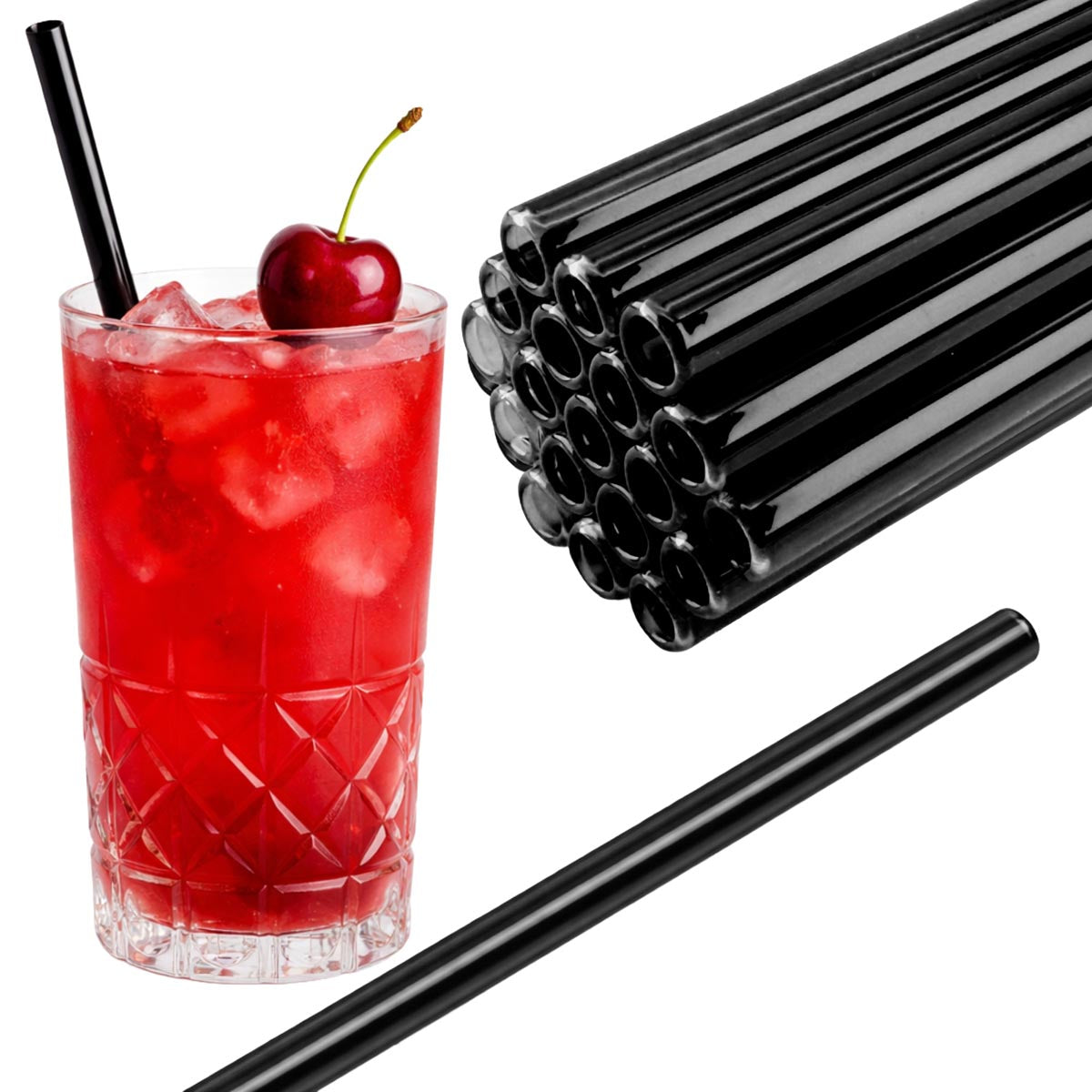 50 Glastrinkhalme in Schwarz transparent (23 cm) + Reinigungsbürste ohne oder mit Gravur