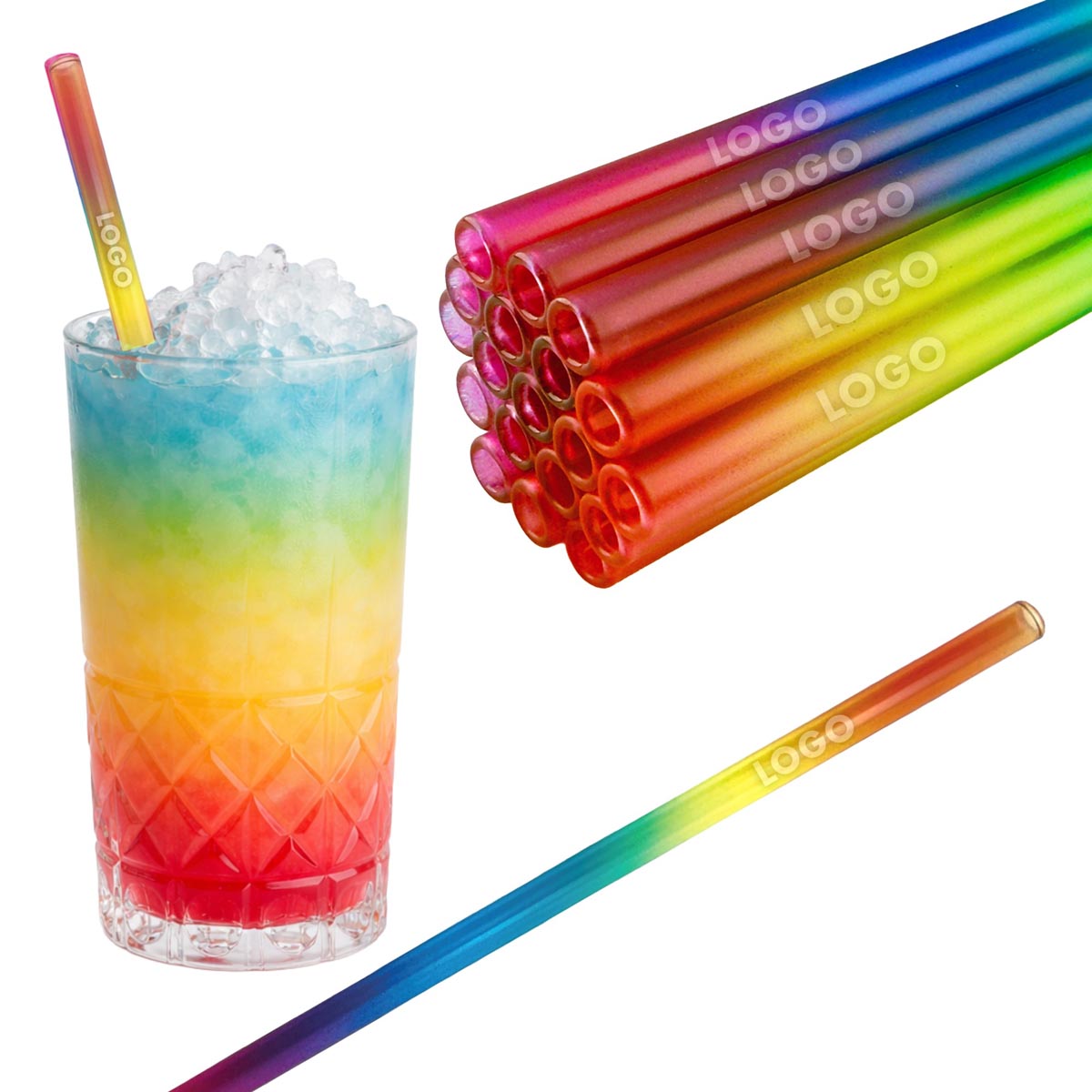 50 Glastrinkhalme in Regenbogen (20 cm) + Reinigungsbürste ohne oder mit Gravur
