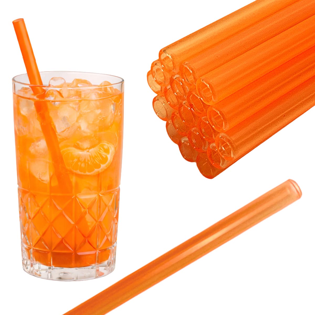 50 Glastrinkhalme in Neonorange (23 cm) + Reinigungsbürste ohne oder mit Gravur