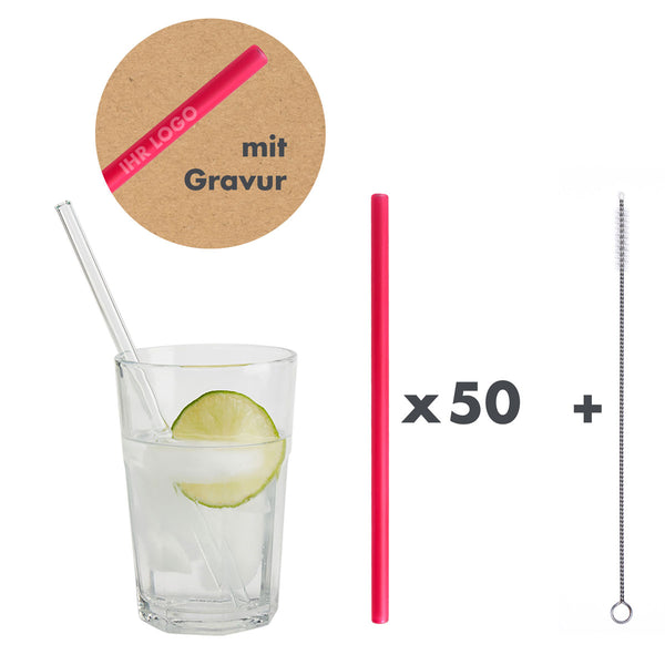 50 Glastrinkhalme in Himbeer (20 cm) + Reinigungsbürste ohne oder mit Gravur