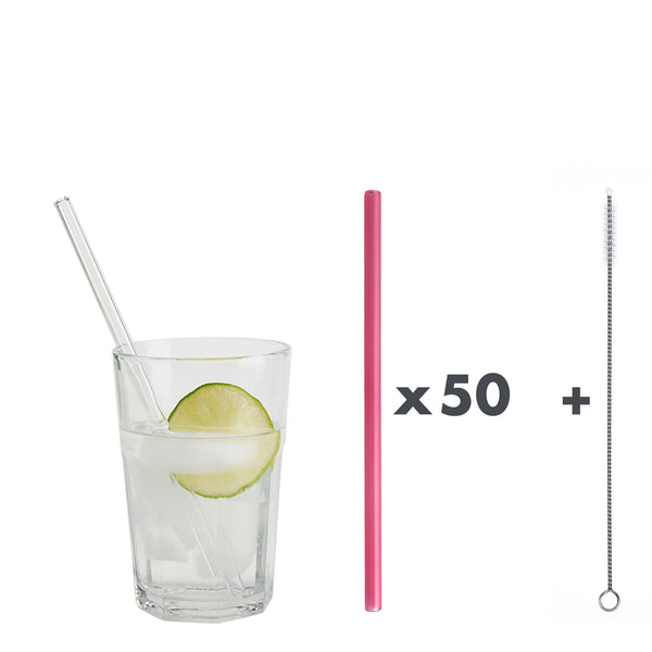 50 Glastrinkhalme in Himbeerhell (20 cm) + Reinigungsbürste ohne oder mit Gravur