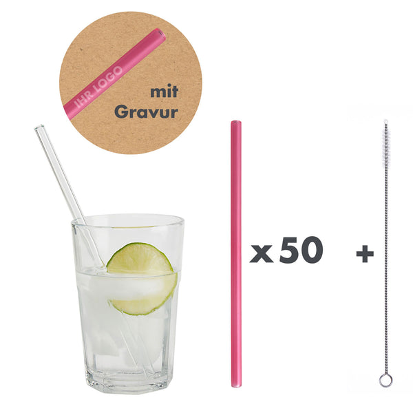 50 Glastrinkhalme in Himbeerhell (20 cm) + Reinigungsbürste ohne oder mit Gravur