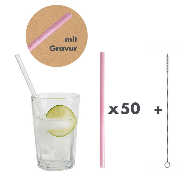 50 Glastrinkhalme in Mattrosa (20 cm) + Reinigungsbürste ohne oder mit Gravur