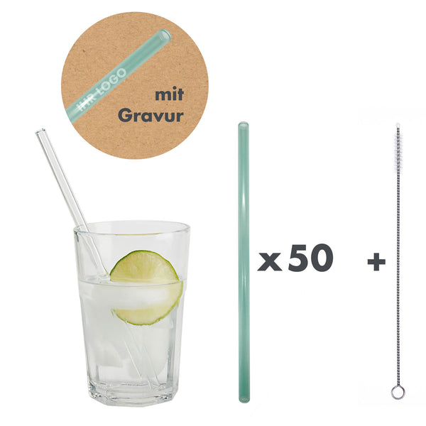 50 Glastrinkhalme in Mint (20 cm) + Reinigungsbürste ohne oder mit Gravur