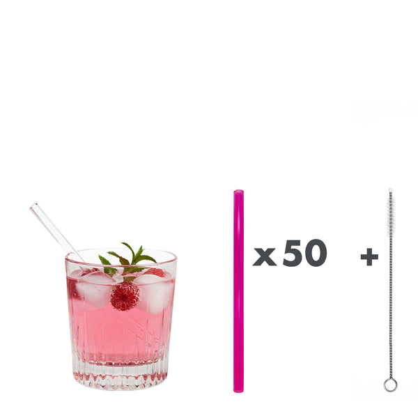 50 Glastrinkhalme in Neonpink (15 cm) + Reinigungsbürste ohne oder mit Gravur