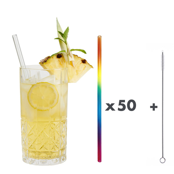 50 Glastrinkhalme in Regenbogen (23 cm) + Reinigungsbürste ohne oder mit Gravur