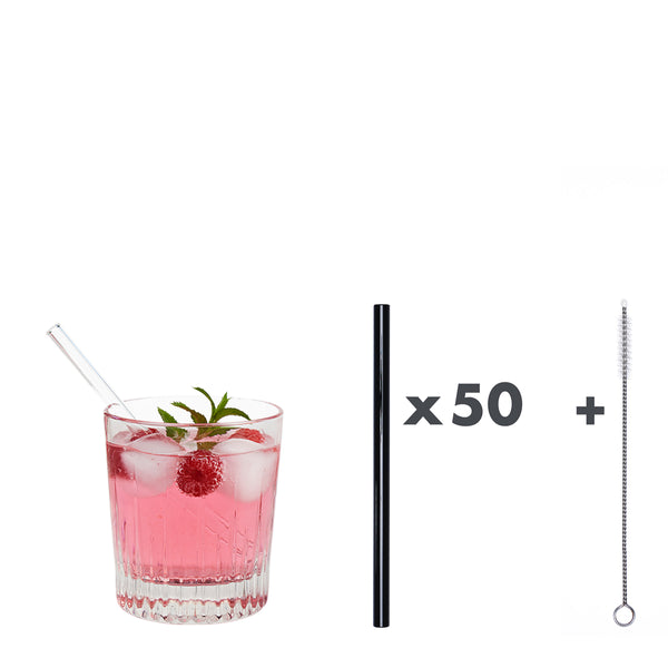 50 Glastrinkhalme in Schwarz transparent (15 cm) + Reinigungsbürste ohne oder mit Gravur
