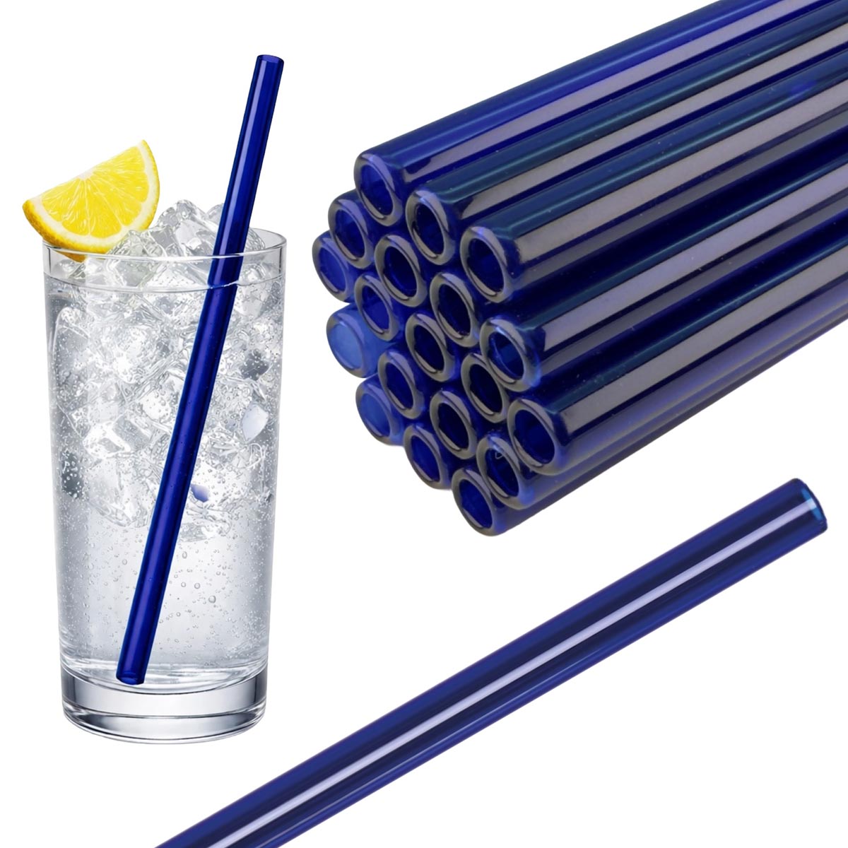 50 Glastrinkhalme in Kobaltblau (20 cm) + Reinigungsbürste ohne oder mit Gravur