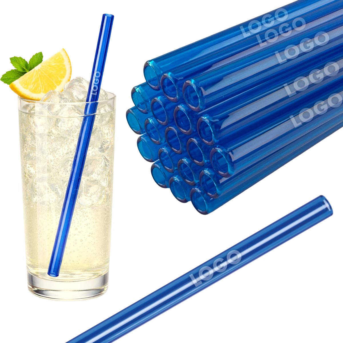 50 Glastrinkhalme in Blau (20 cm) + Reinigungsbürste ohne oder mit Gravur