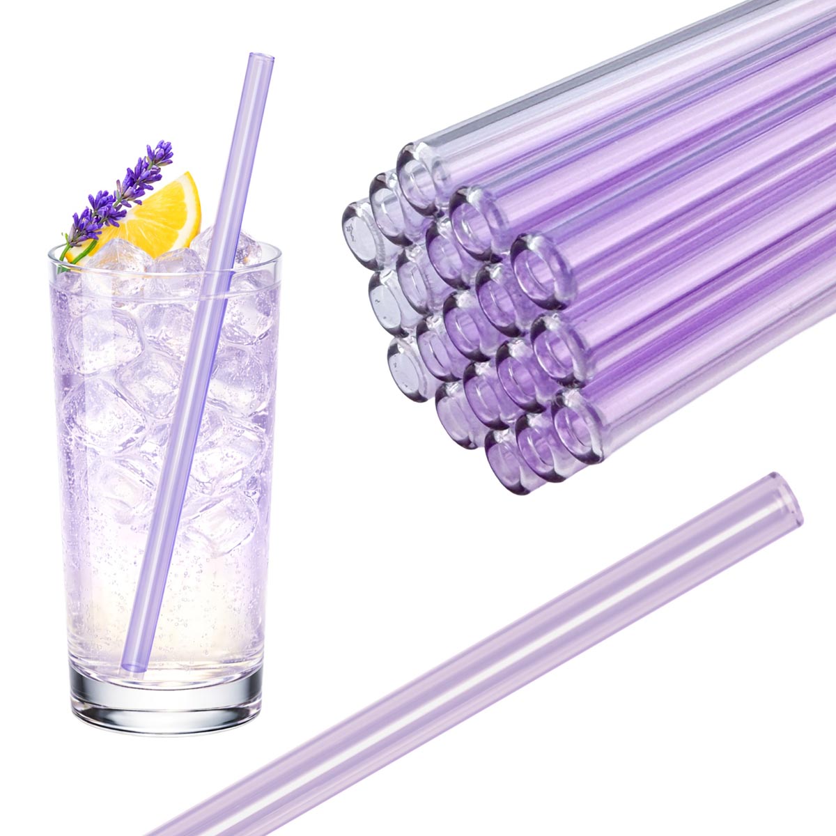 50 Glastrinkhalme in Lavendel (20 cm) + Reinigungsbürste ohne oder mit Gravur