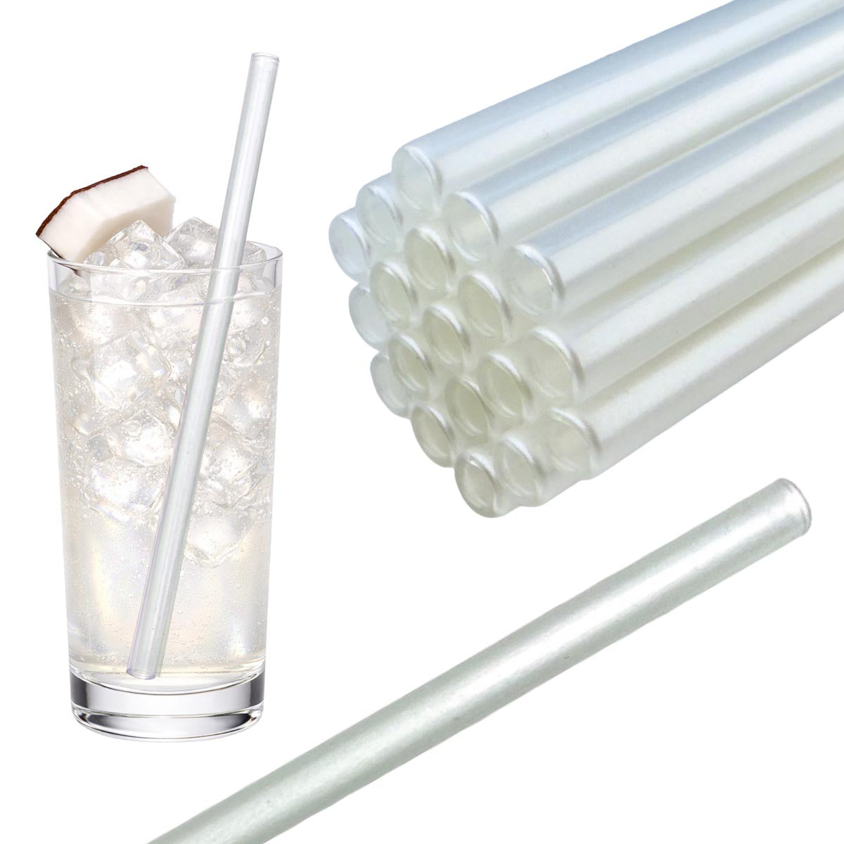 50 Glastrinkhalme in Perlmutt (20 cm) + Reinigungsbürste ohne oder mit Gravur
