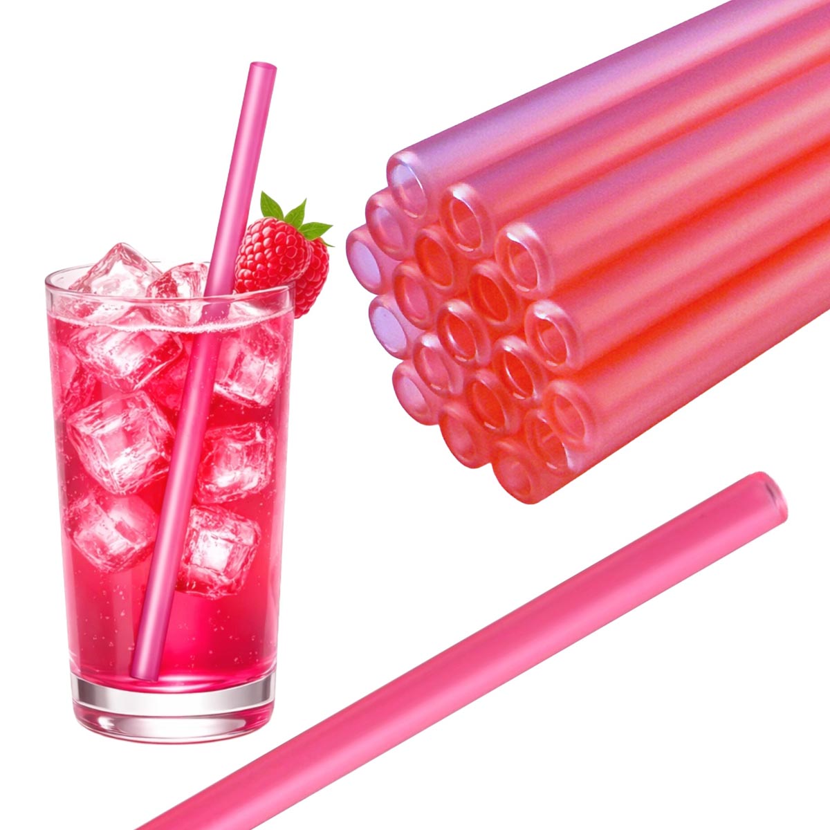 50 Glastrinkhalme in Himbeerhell (20 cm) + Reinigungsbürste ohne oder mit Gravur
