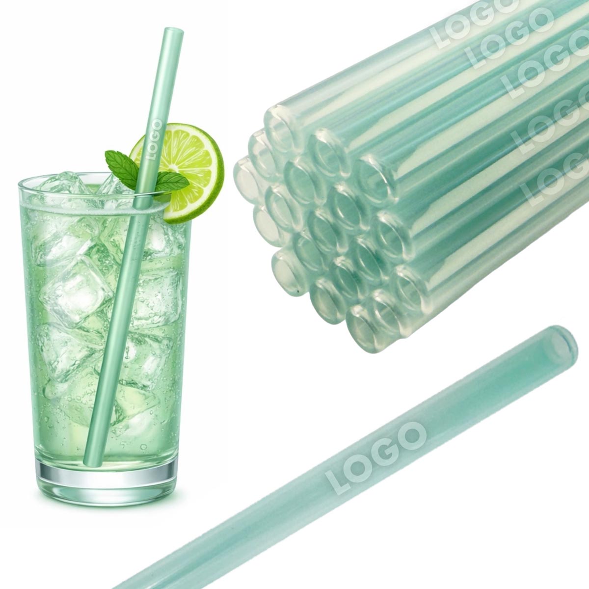 50 Glastrinkhalme in Mint (20 cm) + Reinigungsbürste ohne oder mit Gravur