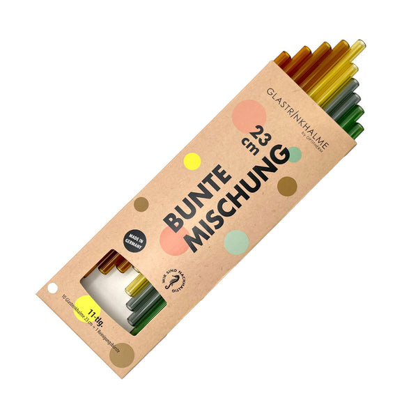10 bunte (Light Amber/Grau/Grün) Glastrinkhalme „Bunte Mischung“ (23 cm) + Reinigungsbürste