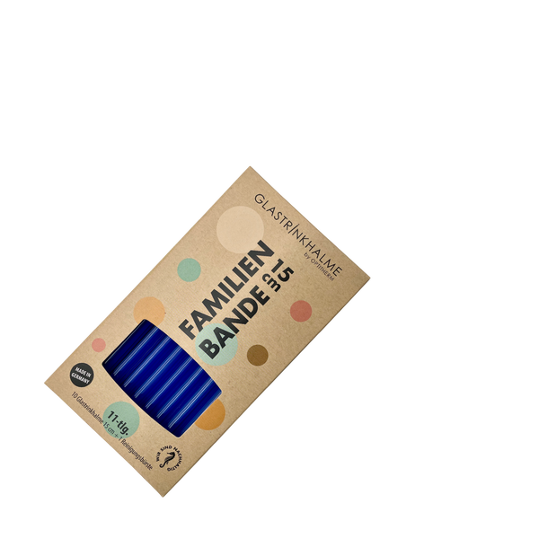 10 farbige (Blau) Glastrinkhalme „Familienbande“ (15 cm) + Reinigungsbürste