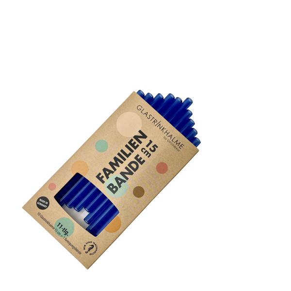 10 farbige (Blau) Glastrinkhalme „Familienbande“ (15 cm) + Reinigungsbürste