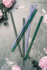 6 bunte (Blaugrün, Lavendel, Grau, Klar) Glastrinkhalme (20 cm) mit Druck "Zweisamkeit" "Schön,dass es dich gibt", "Vergissmeinnicht" + Reinigungsbürste